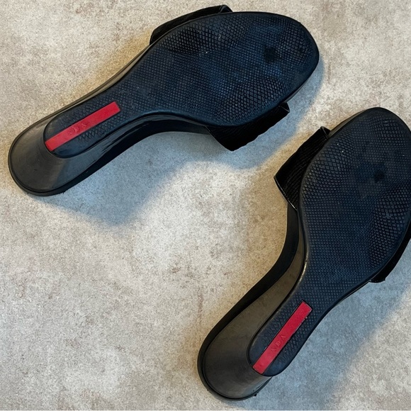 Prada Black/Sport NASTRA size 38 (8) Women Nylon Patent Leather Wedge Sandals - Picture 6 of 10